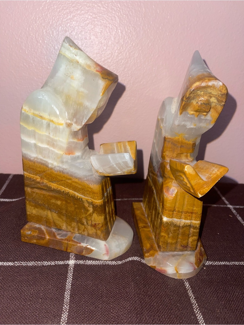 Carved Onyx Stone Monk Bookends Brown And White Alabaster Religious Vintage